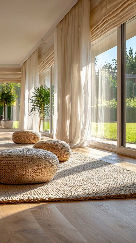 Bright Sunlit Sunroom with Jute Rug Woven Poufs and Floor to Ceiling Windows.jpg
