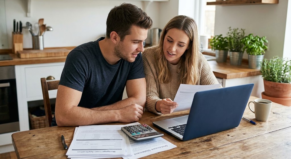 Couple reviewing mortgage numbers before deciding to buy a home now