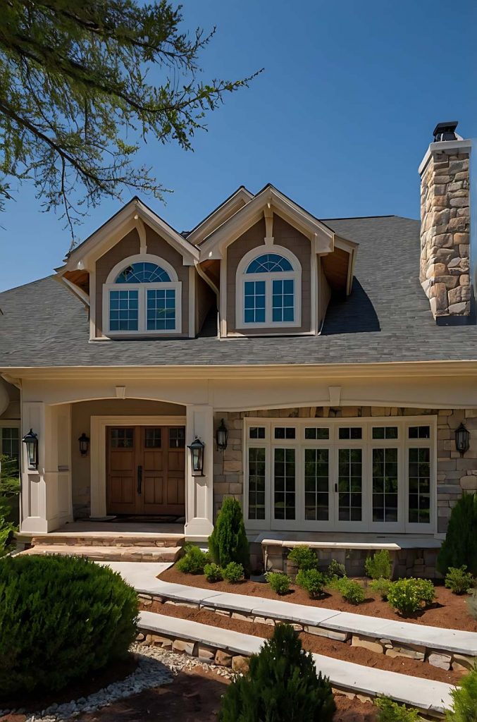 Luxury Craftsman Home with Dual Gable Dormers Stone Chimney and Double Wood Front Doors.jpg