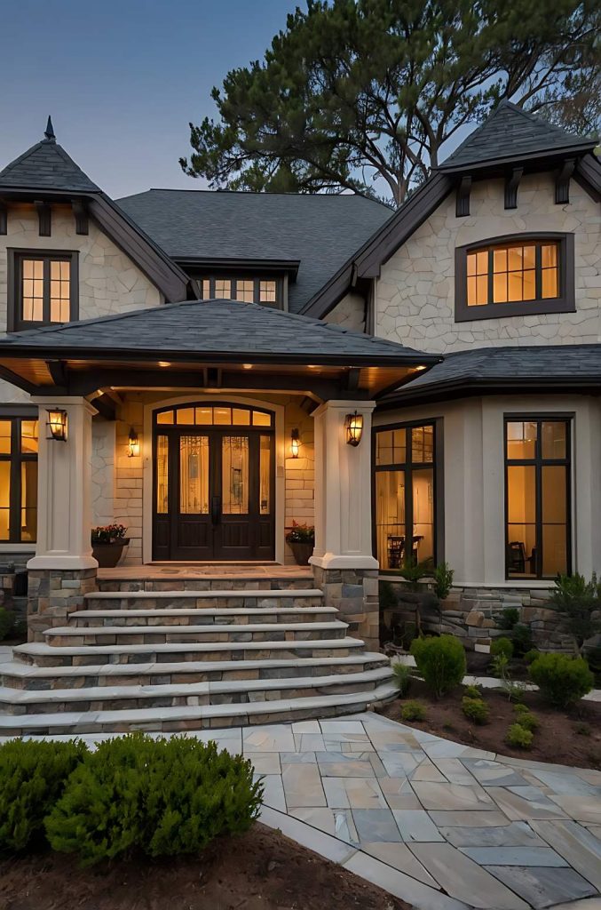 Luxury French Provincial Mansion at Twilight with Flagstone Walkway and Grand Arched Entrance.jpg