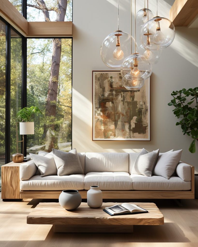 Luxury Living Room with Live Edge Coffee Table Glass Globe Pendant Lights and Large Windows.jpg