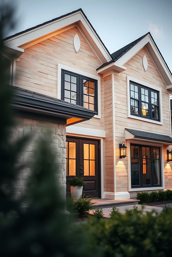 Luxury Two Story Craftsman Home at Twilight with Beige Siding and Black Window Frames.jpg