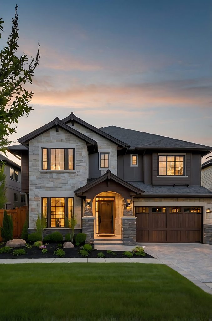 Luxury Two Story Home at Twilight with Stacked Stone Facade Arched Entryway and Wooden Garage Door.jpg