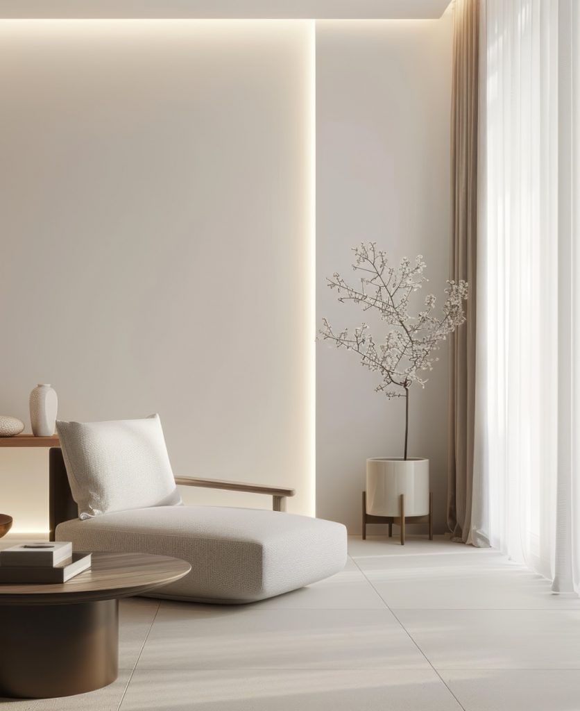 Minimalist Japandi Living Room with Boucle Lounge Chair Hidden LED Wall Lighting and Potted Plant.jpg