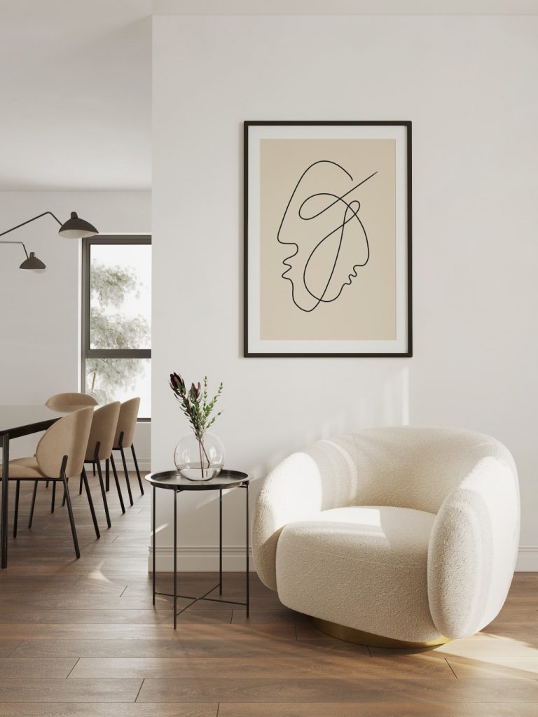 Minimalist Living Room with Cream Boucle Swivel Chair Abstract Line Art and Dining Area Background.jpg
