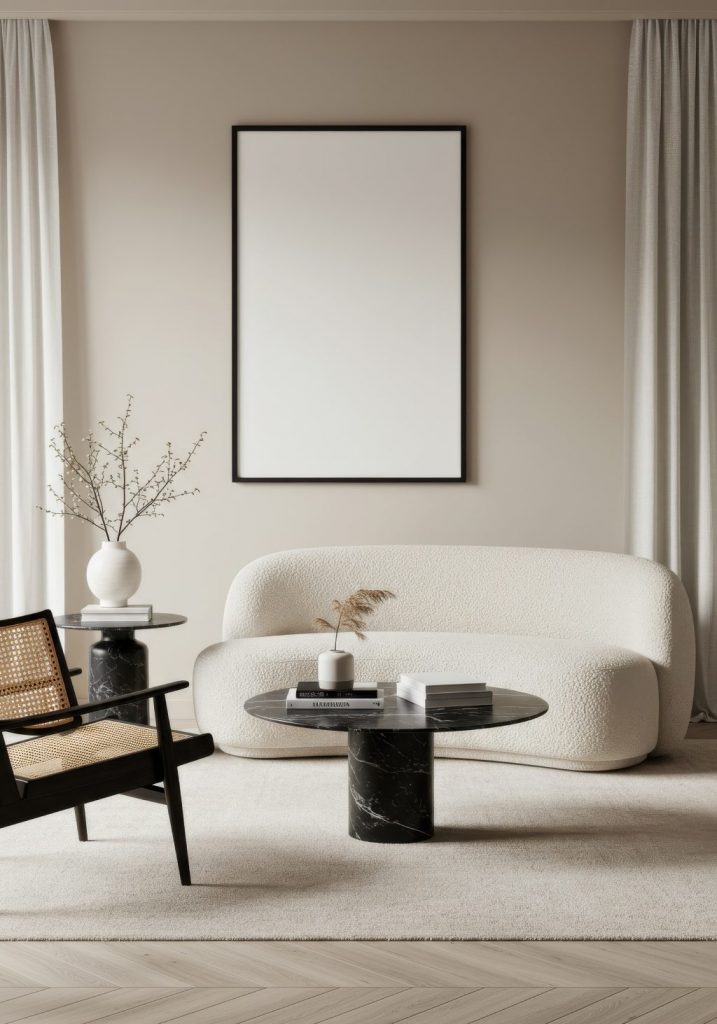 Minimalist Transitional Living Room with Boucle Sofa Black Marble Coffee Table and Blank Mockup Frame.jpg