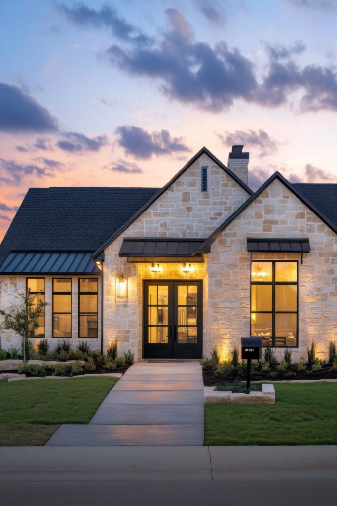 Modern Limestone Craftsman Home at Twilight with Black Double Front Doors and Metal Awning.jpg