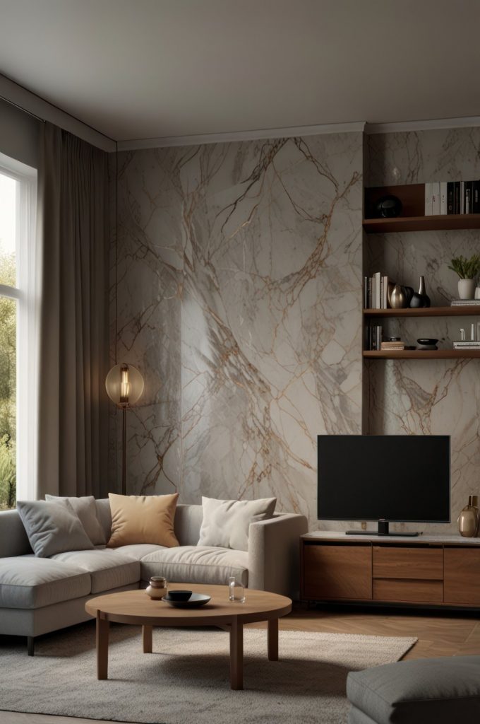Modern Living Room with Calacatta Marble Feature Wall Sectional Sofa and Walnut TV Console.jpg