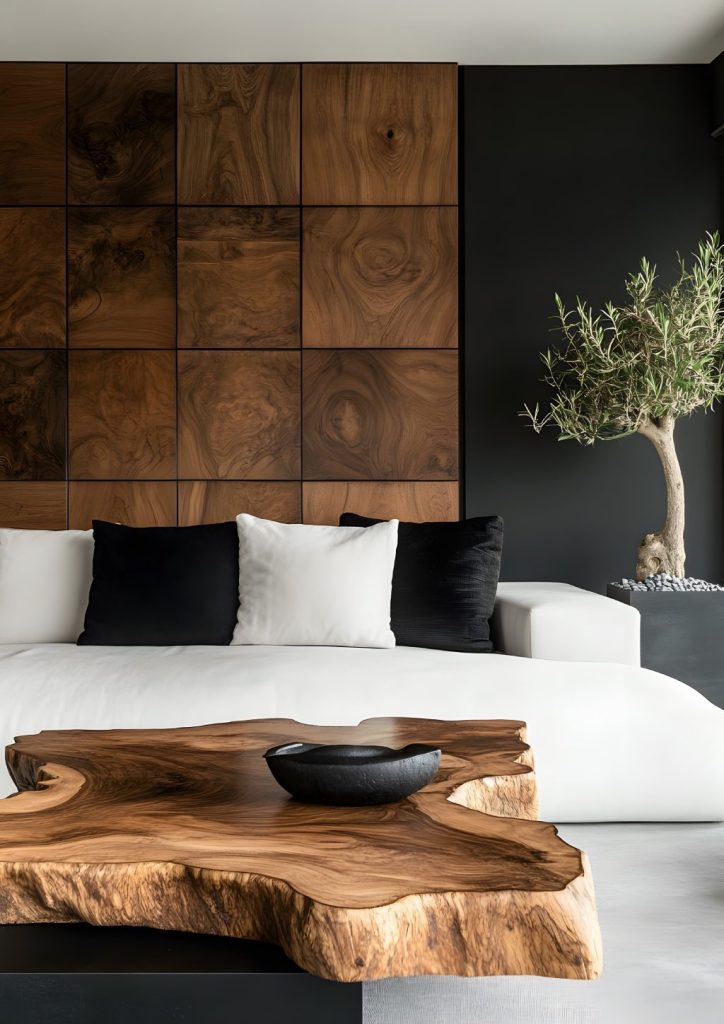 Modern Minimalist Living Room with Live Edge Wood Coffee Table Walnut Block Feature Wall and Potted Olive Tree.jpg