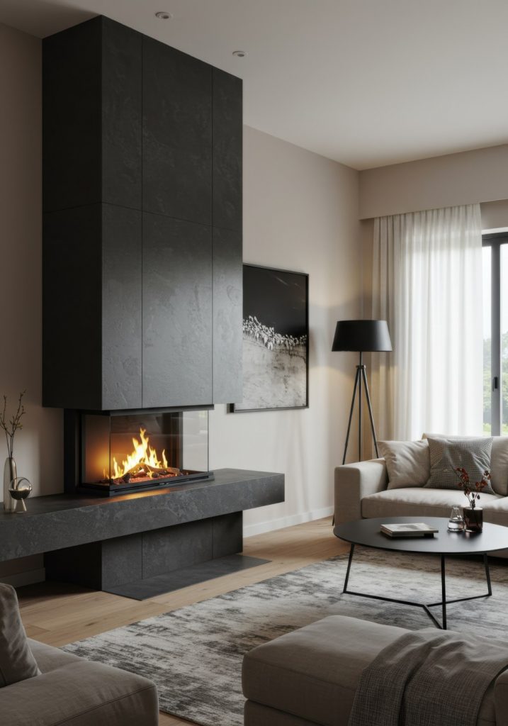 Modern Minimalist Living Room with Three Sided Glass Fireplace and Dark Slate Feature Wall.jpg