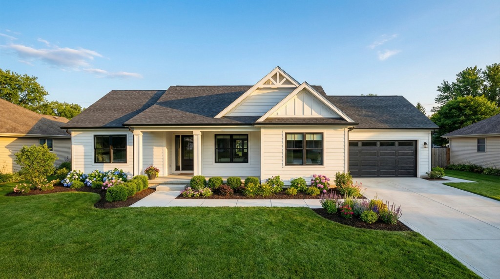 One Story Modern Farmhouse Ranch with White Horizontal Siding Black Garage Door and Vibrant Flower Landscaping.jpg