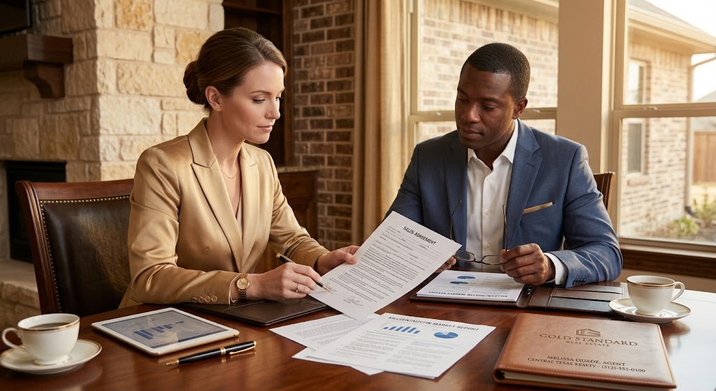 Real estate agent and buyer reviewing a purchase offer negotiation