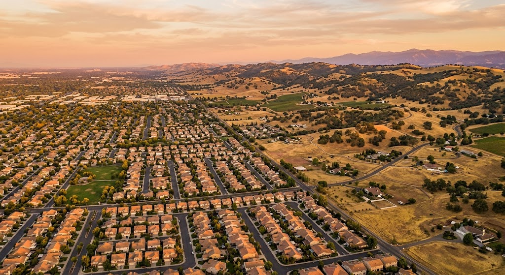 Sacramento suburban neighborhood aerial