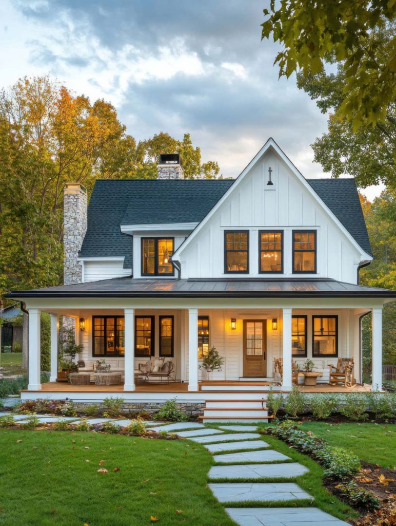 Two Story Modern Farmhouse with Wraparound Front Porch Stone Chimney and Flagstone Walkway.jpg